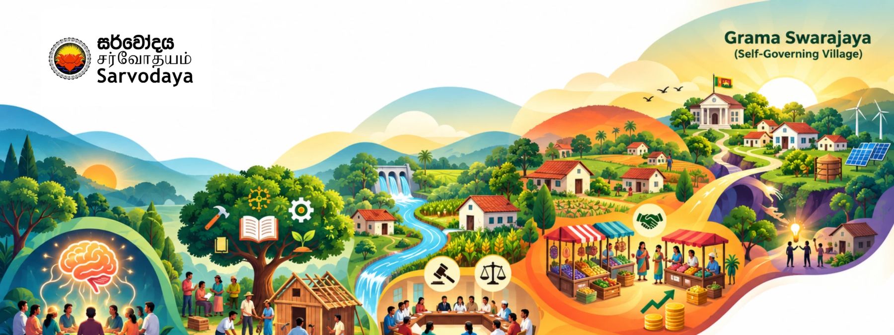 Illustration of a village's journey through Sarvodaya's five stages, from community gatherings and shared building work to local markets and a thriving self-governing village.